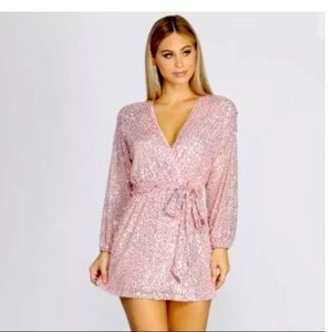 Sequin pink long sleeve wrap dress